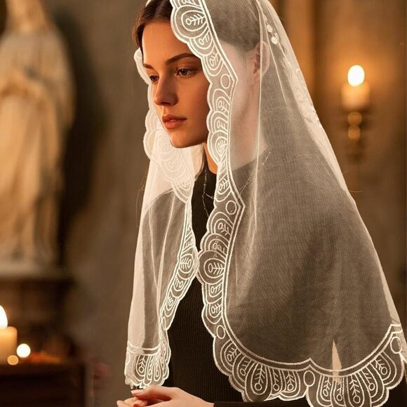 Catholic Church Veil Women Lace Chapel D Shaped Floral Cross Embroidered - Picture 5 of 6